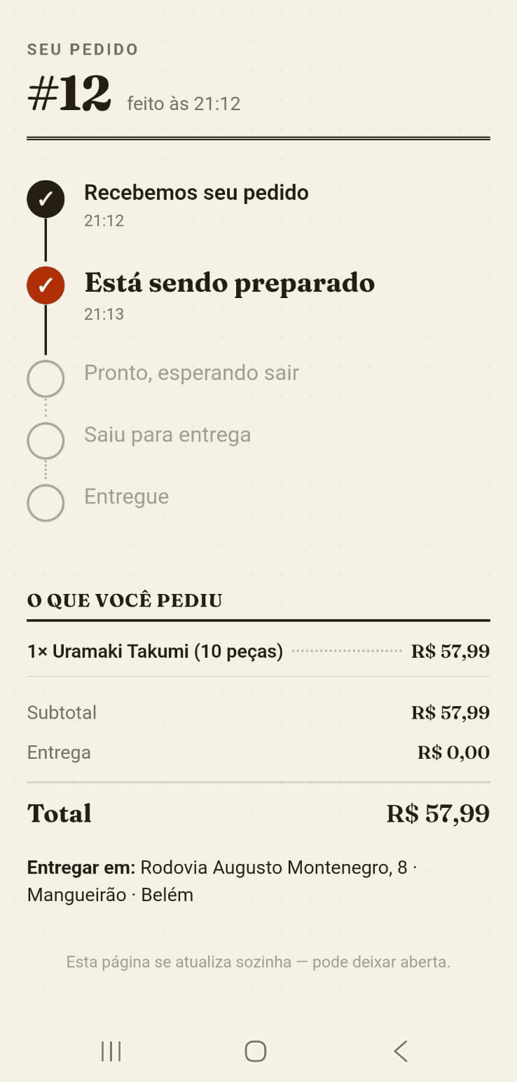 Tela de acompanhamento do pedido no celular do cliente
