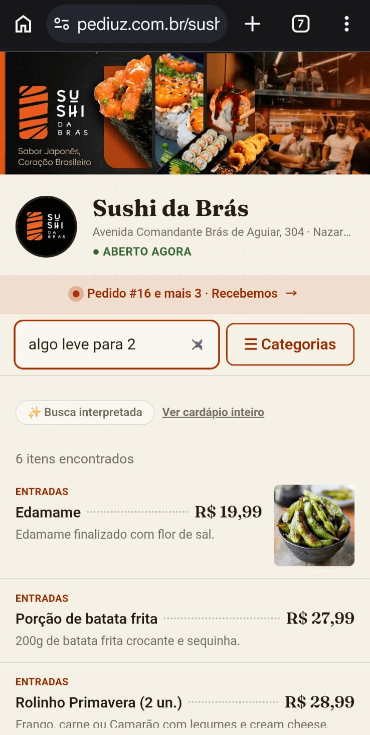 Cliente buscando no cardápio com uma frase em linguagem natural