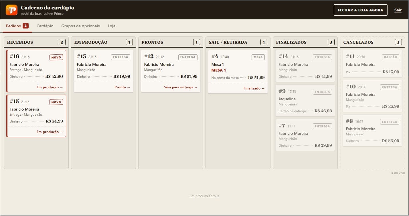 Painel do lojista com os pedidos organizados em kanban por status